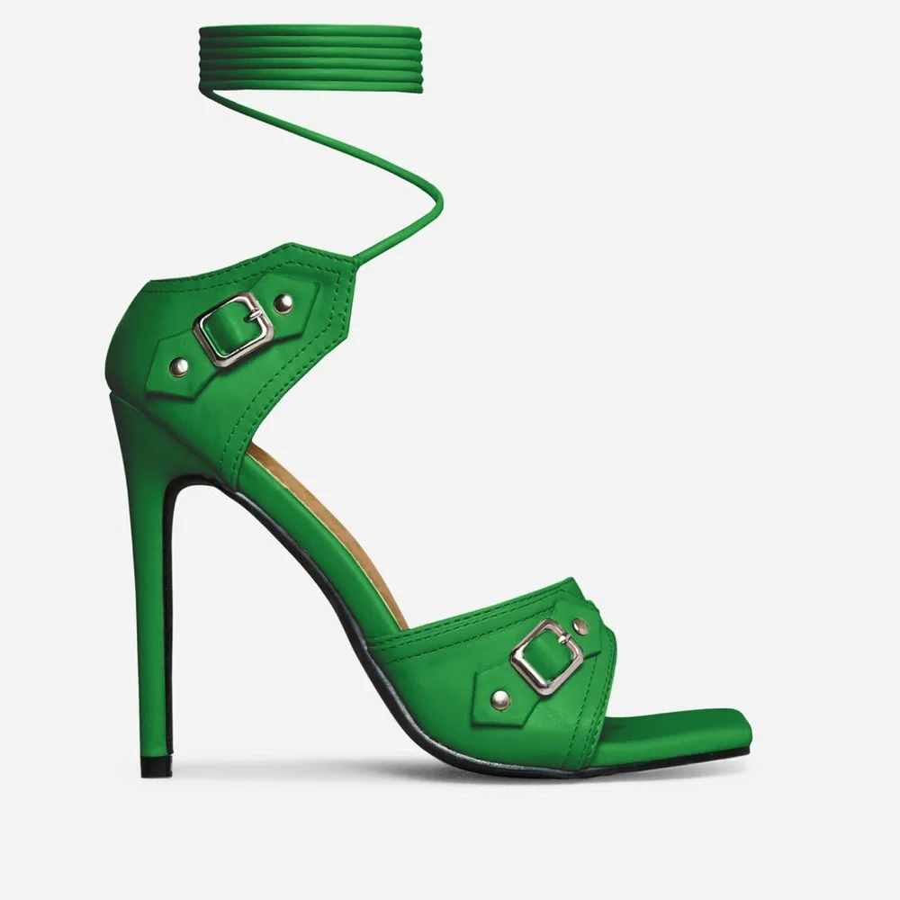 Kelly green square toe silver buckle ankle strap lace up heel sandals - Picture 4 of 5